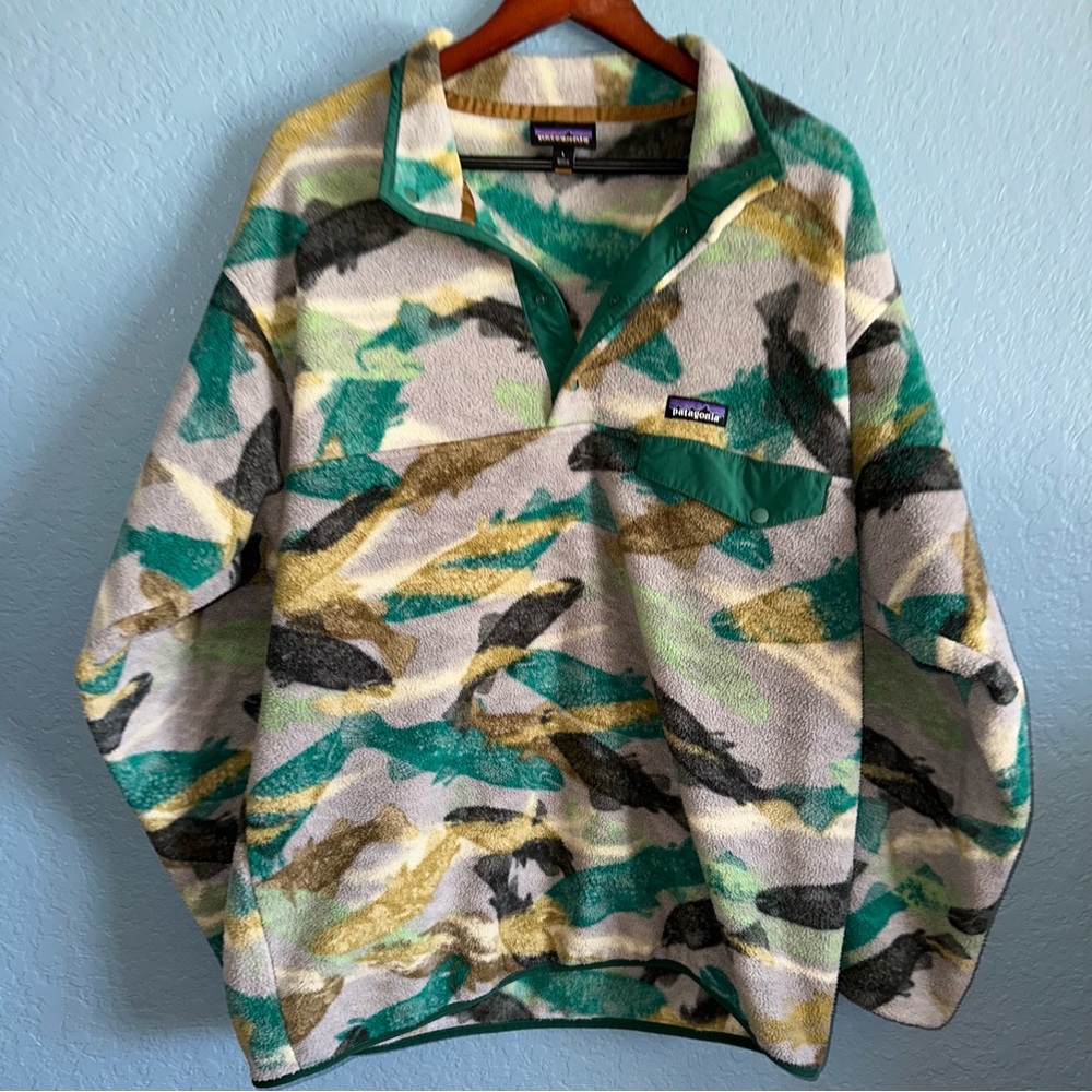 Patagonia Synchilla Snap-T Pullover Men's Size L Trout Tails Legend Green Fish - Picture 1 of 10